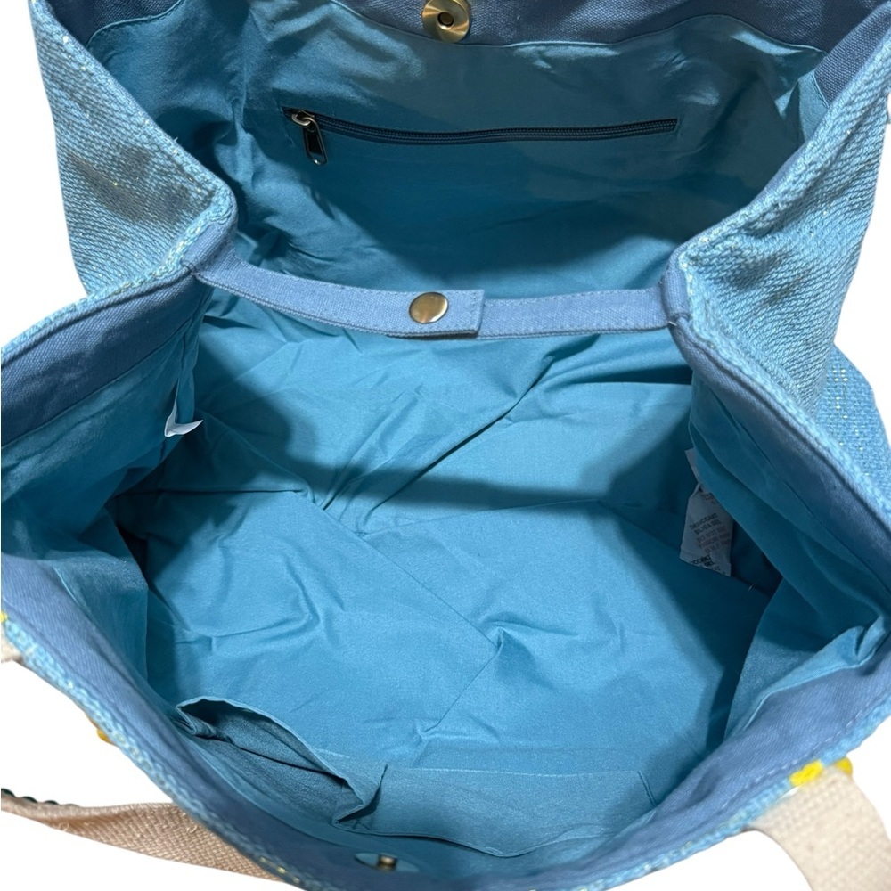 Beach Bag Express Edit Tote-Blue Tropical Embroidered Tote Bag with Pom-Pom Trim - Picture 5 of 16